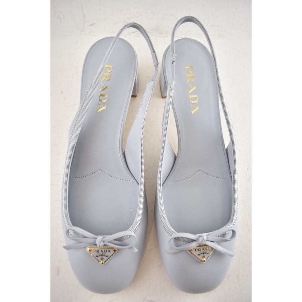 Prada Grey Blue Triangle Logo Bow Ballerina Mule Block Heel Slingback Pump 39.5 - Picture 11 of 15